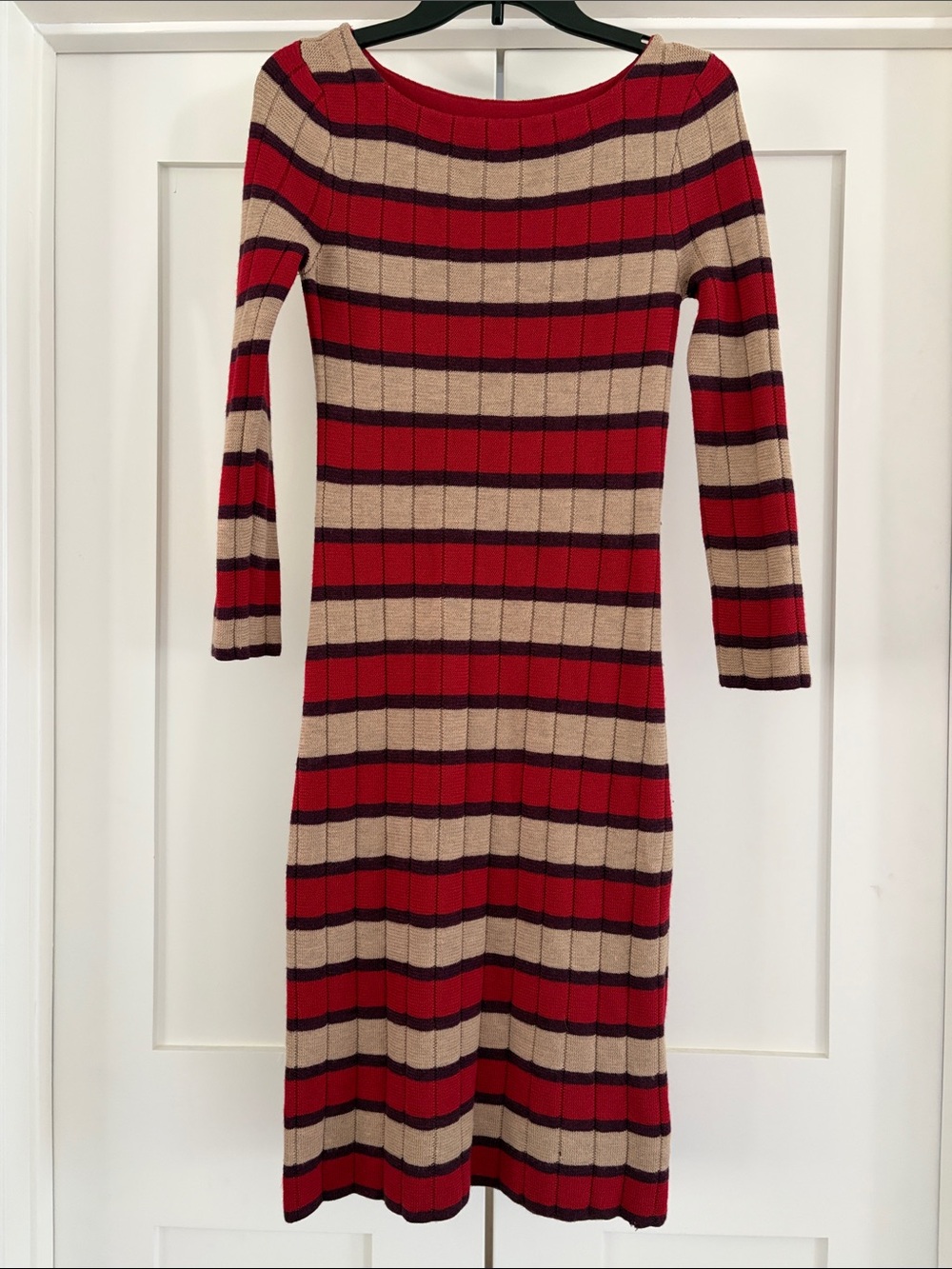 Trina Turk Red, Beige, Purple Striped Rib-Knit Long Sleeve Wool Bodycon Dress